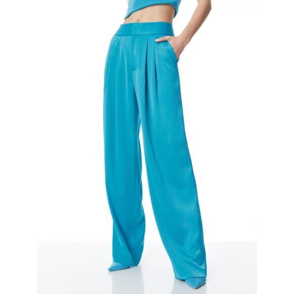 Alice + Olivia Atia Blue Satin Pants High Waist Pleated...
